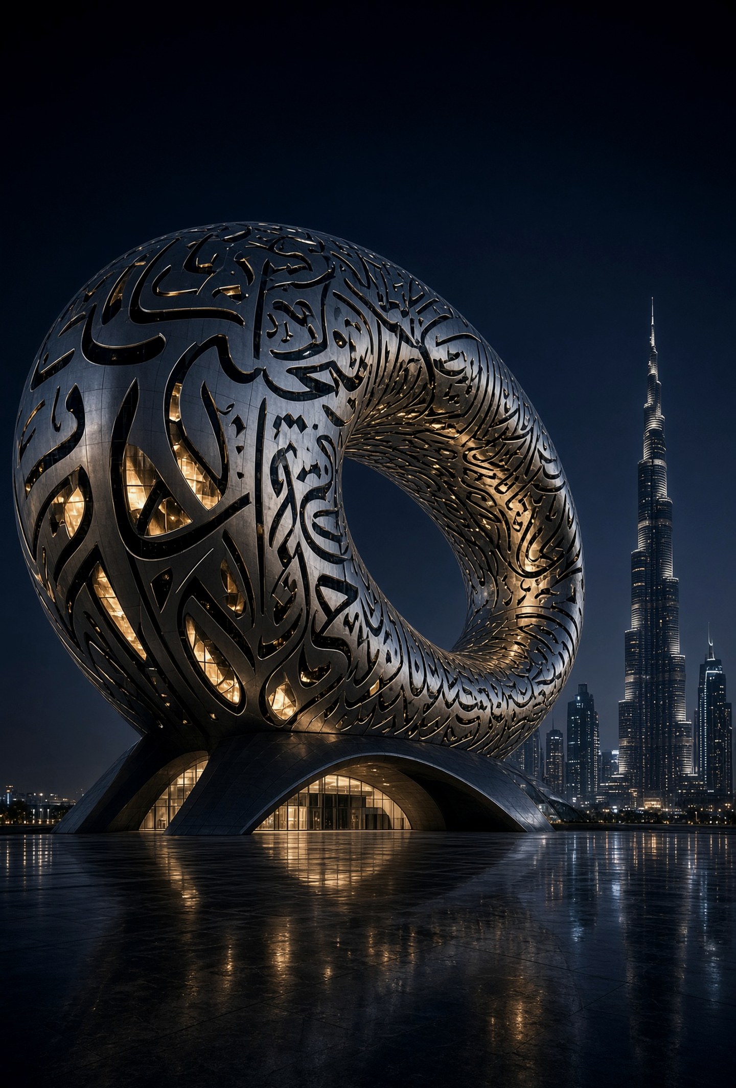 Museum of the Future at night with the Dubai skyline beyond